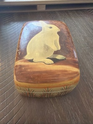 Vintage Trinket Box Lacquer Hand Painted Rabbit Paper ? Heavy Cardboard?