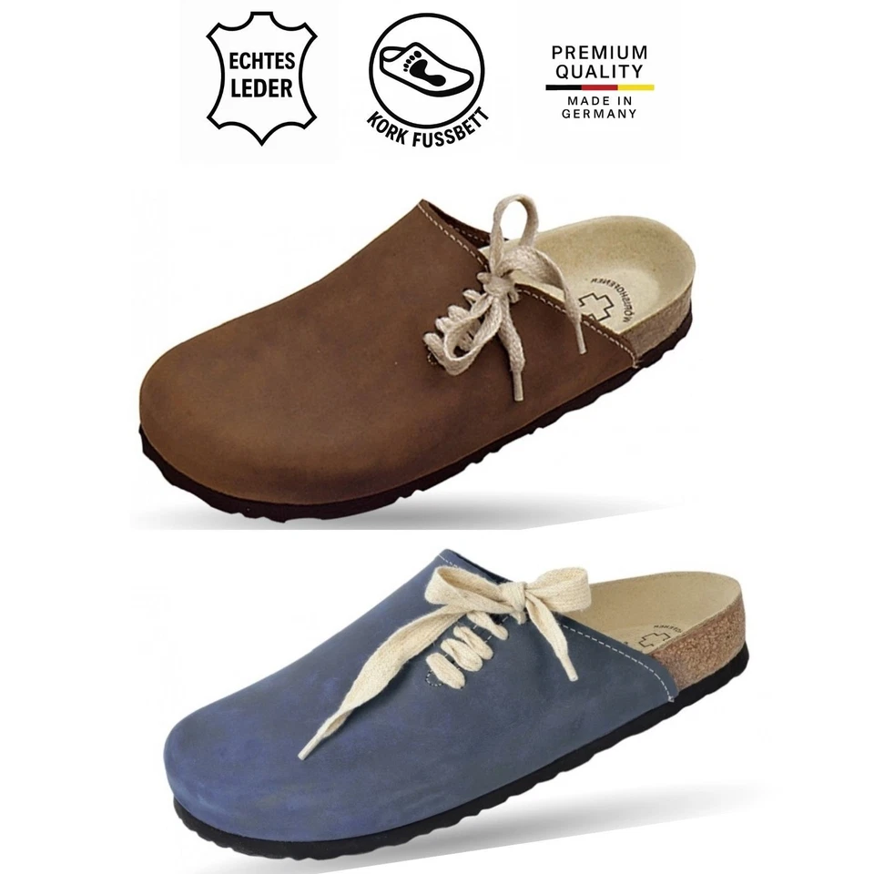Weeger Leder Clog Damen Herren Komfort Pantolette Korkfußbett Braun Blau 35-46 - Bild 1 von 1