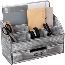 Rustic Wooden Office Desk Organizer 5 Compartment with 2 Drawer &Counter Home