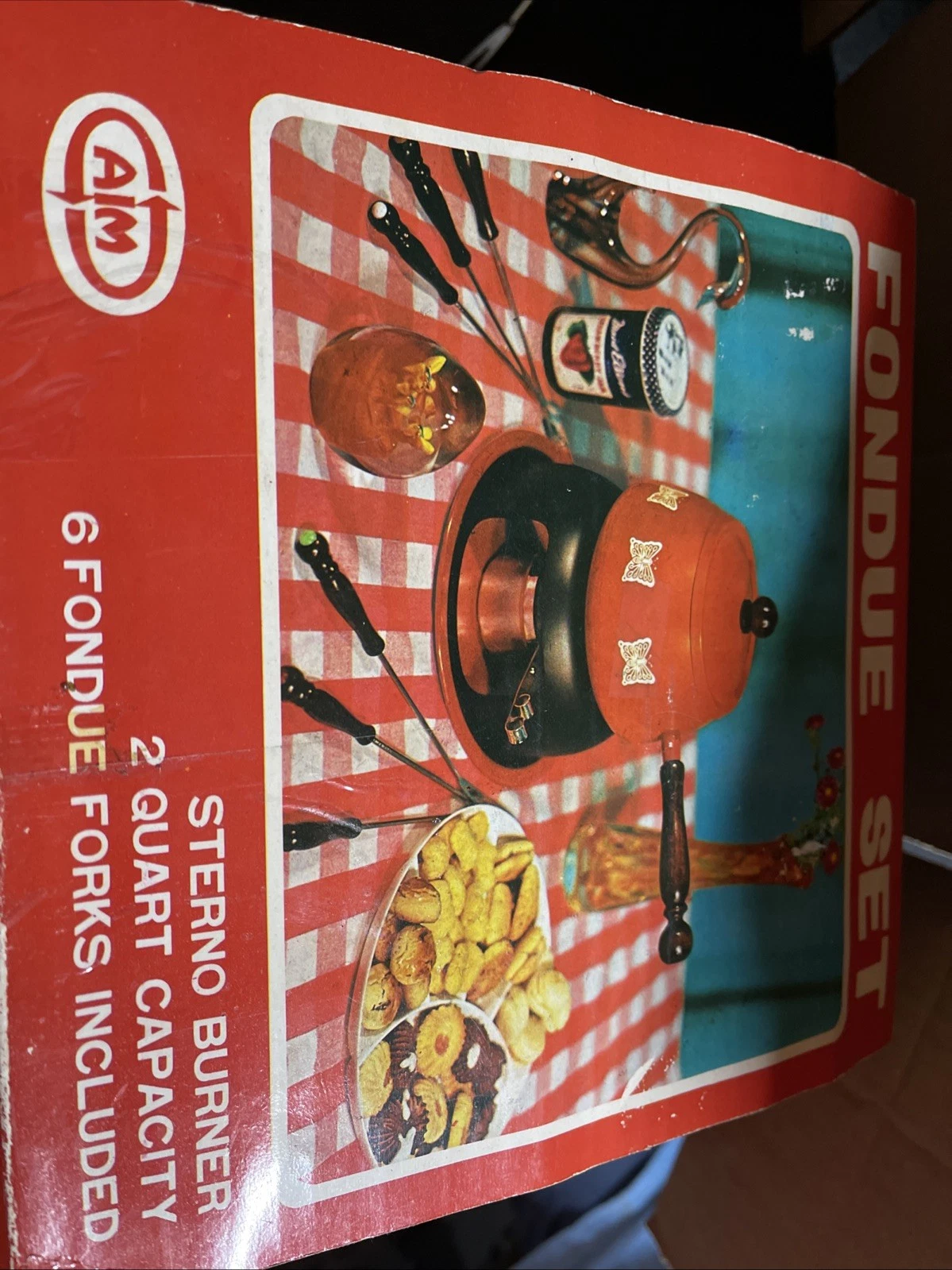 VtgFondue Set Stern Burner 2 Qt 6 Forks With Butter Flies