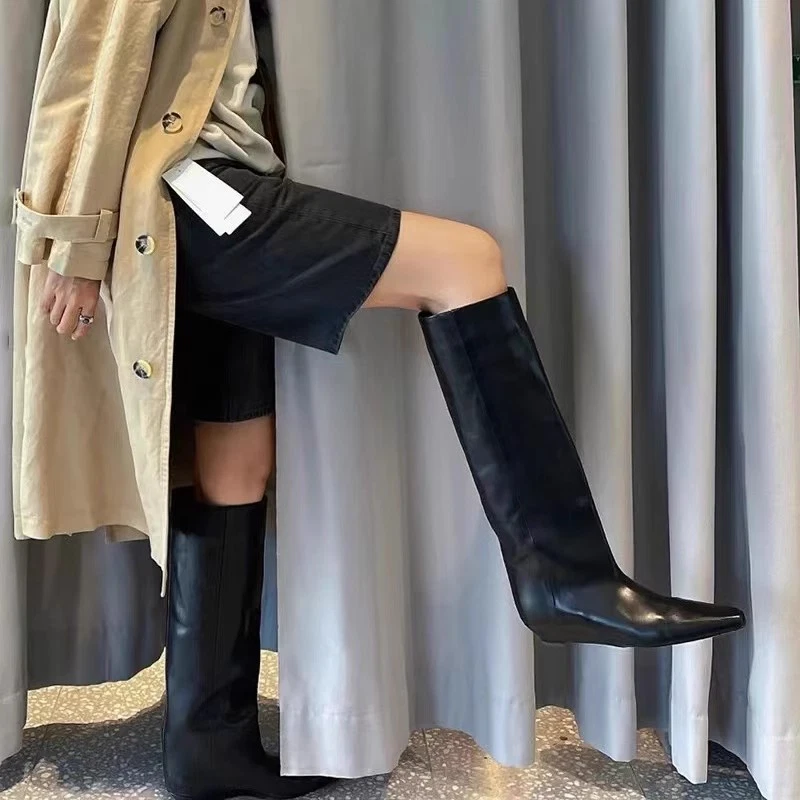 Ретро женщин вкратце носок на танкетке каблуки колена сапоги прямой ноги моды рыцарь - Изображение 3 из 4