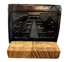 Vintage Black Leather Bifold Wallet Hand-tooled Cactus Aztec Design Mexico