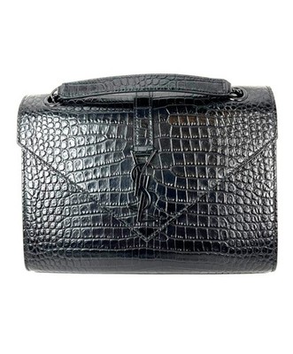 Saint Laurent Embossed Black Leather Envelope Medium Chain Shoulder Bag EBAY LIV