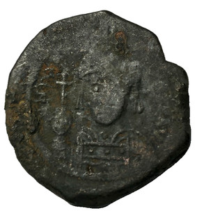 ANTIKER BYZANTINISCHER FOLLIS MAURICE TIBERIUS JAHR 12 OFFIC B CONSTANTINOPLE 9GR25M