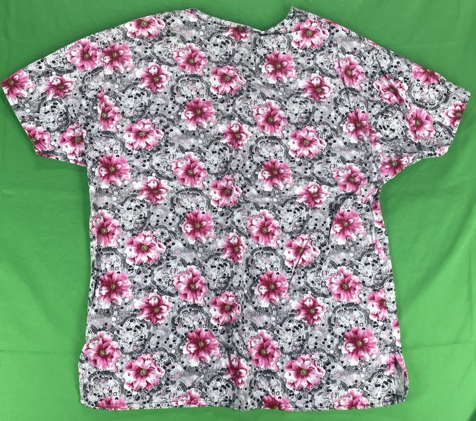 XS Pink Floral Design with Black and White Pattern Crest Scrub Top - Image 3 of 4