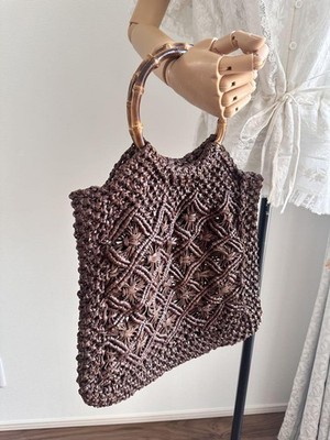 Dragon Diffusion Bamboo Handle Leather Mesh Women's Bag Dark Brown Handbag Charm
