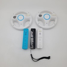 Nintendo Wii Controller Wheel Bundle 3 Remotes 2 Wheels White Blue Black RVL-003