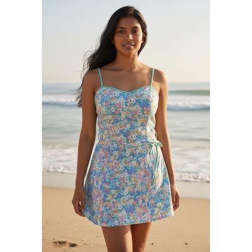 Vintage 1970s 80s Sea Waves women's floral swim dress cottegecore coquette