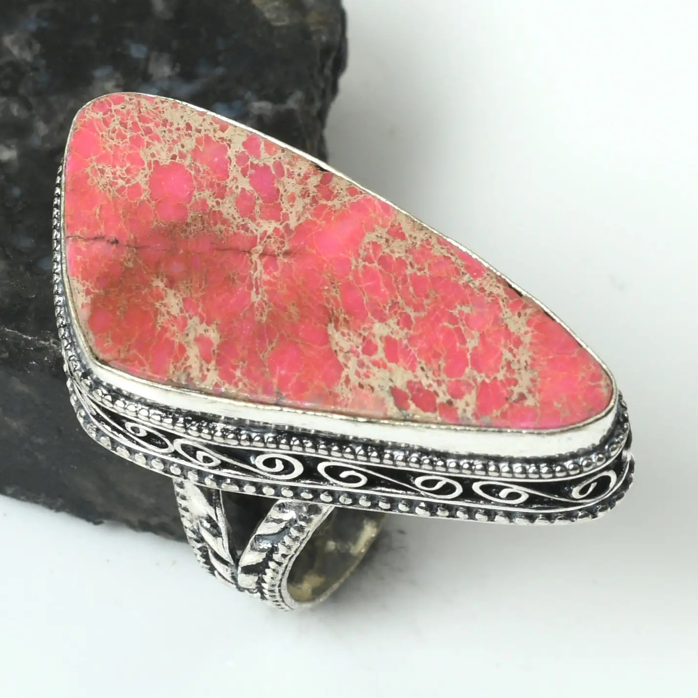 Sea Sediment Jasper Gemstone Antique Design Ring Jewelry US Size-7.75 AR 82084