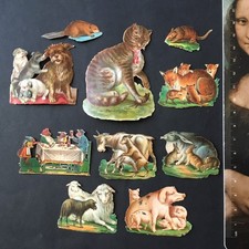 10 Chromos Animaux Chat Chien Anciens 1880 Gaufré Découpis XIXè Victorian Scrap