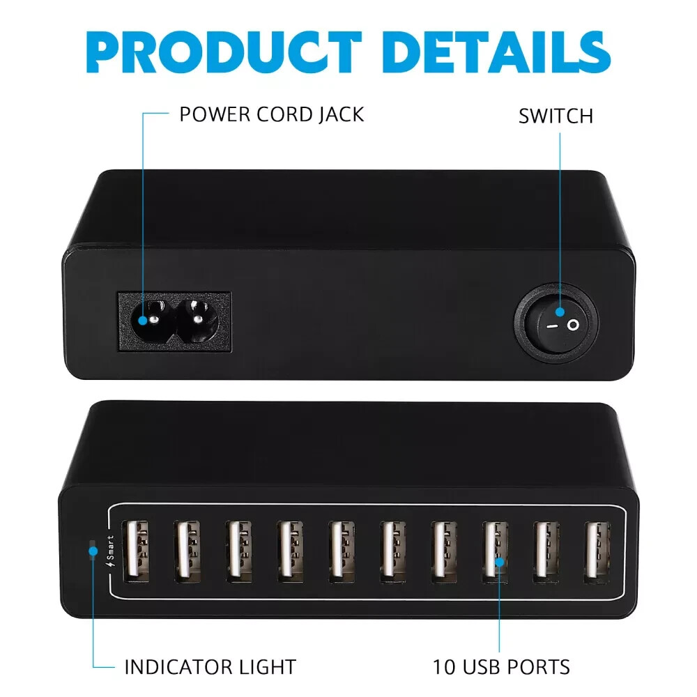 60W 10-Port USB Charging Hub Fast Wall Charger for Multiple Devices