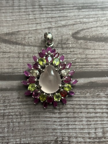 Sterling Silber Rosenquarz Rubin Peridot Edelstein Anhänger RIESIG Neu ohne Etikett - Bild 3 von 7