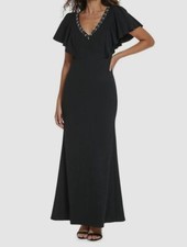 Vince Camuto Women's Black Embellished Scuba Crepe V-Neck Gown Dress Size 10