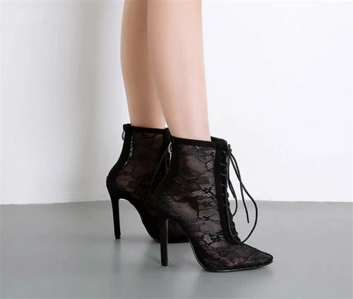 Ladies Lace Sexy High Heels Ankle Boots Pointed Toe Stilettos Nightclub Shoes - Picture 3 of 12