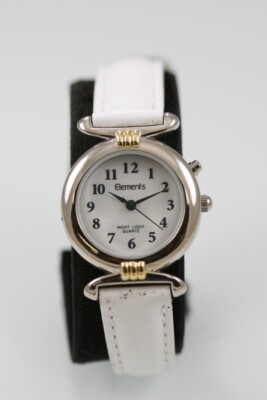 Elements Watch Women Silver Gold Stainless St WR White Leather Light Batt Quartz