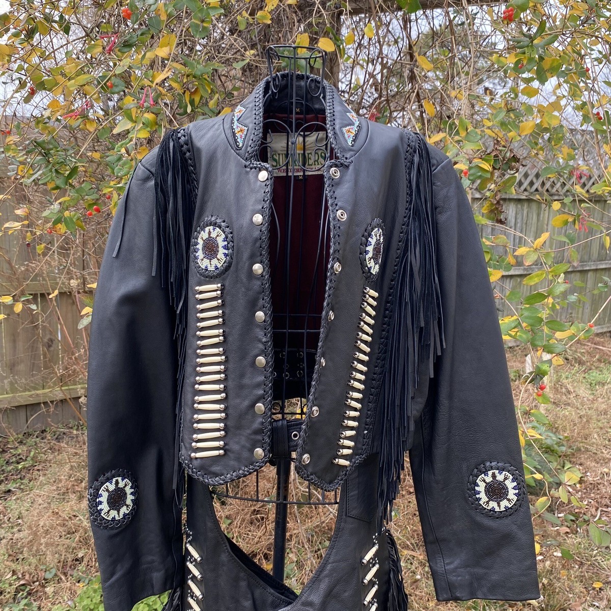 Vintage Sunriders Genuine Leather Fringe Beaded Native American