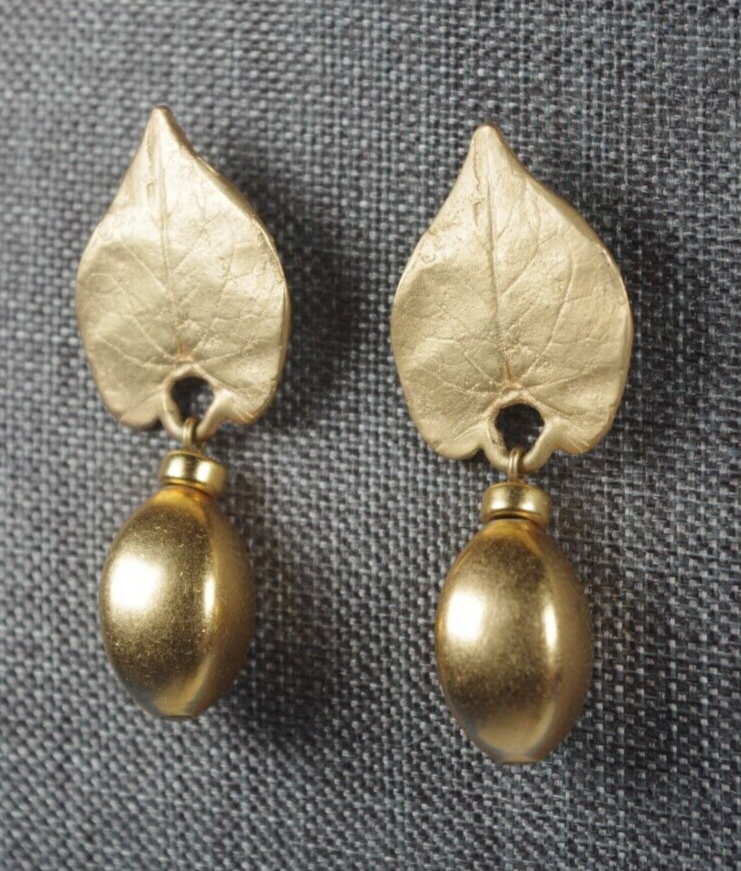 Signed Celia Landman Pierced Drop Earrings Brushed  Gold-tone 1.8