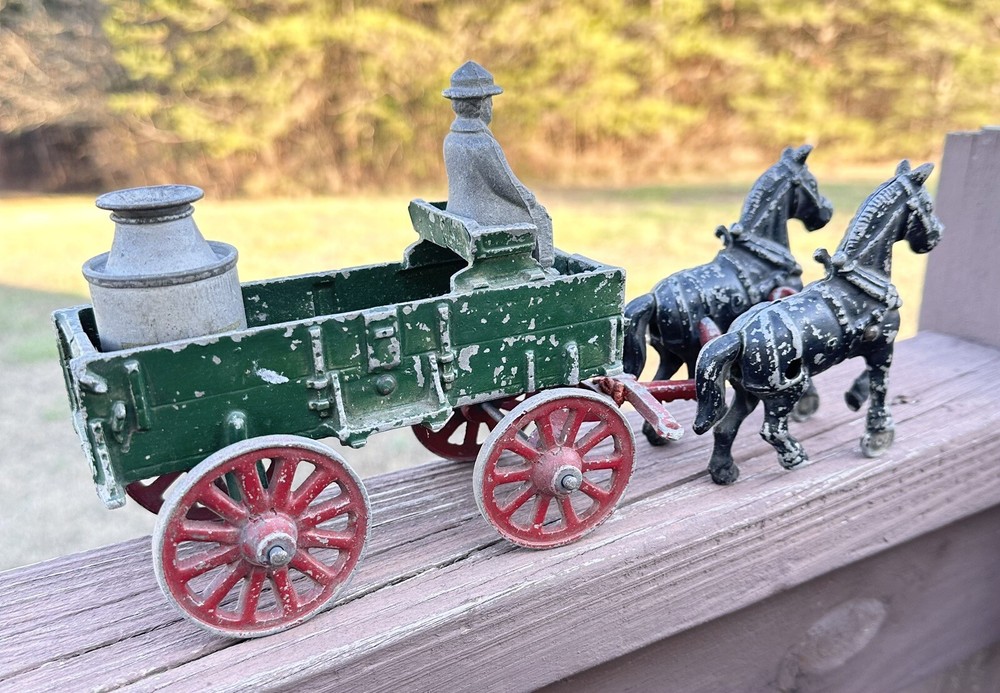 Vintage Antique Toy Cast Metal Horse Drawn Milk Delivery Wagon, Driver & Can USA