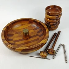 Bowl Handcrafted Wood 12" Multi Colored Woods w/ 6 Serving & Crackers