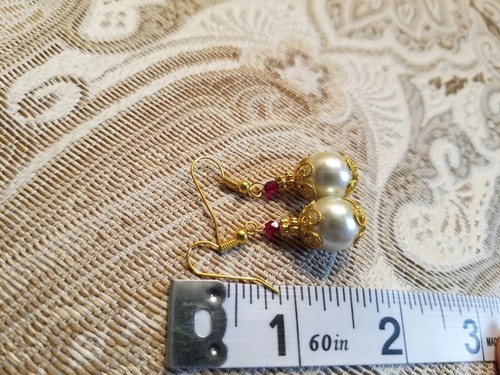 Antique Gold Filigree Pearl Granate Crystal Vintage Style Dangle Earrings JO - Picture 3 of 5