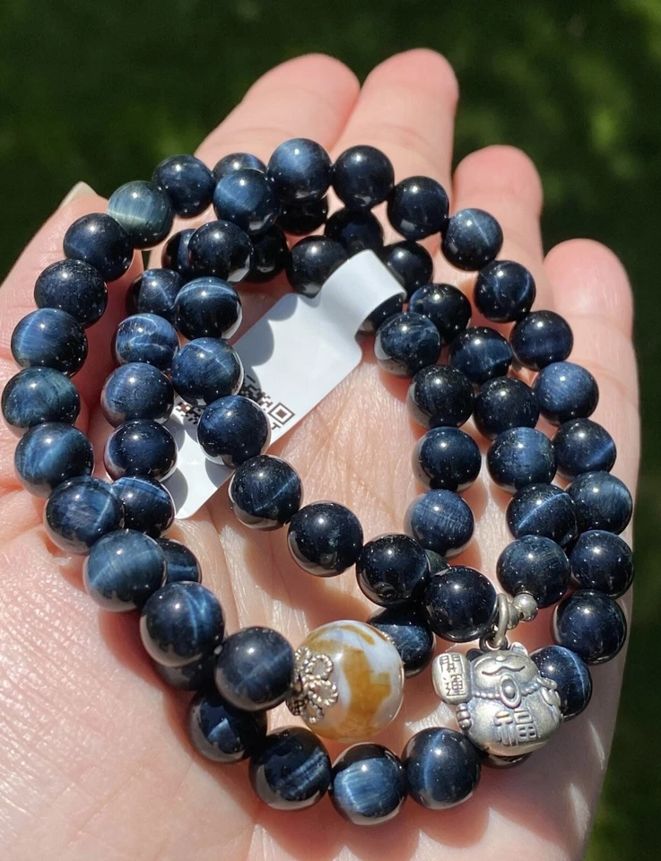 Ojo de Águila Azul Piedra Llamante 8MM Cadena Pulsera Mezcla Dijes Gato de la Suerte Tailandés, L 52CM Foto 4 de 4