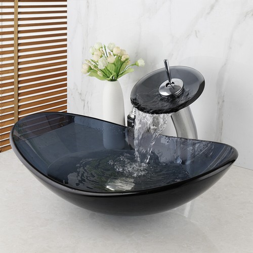 Bathroom Oval Tempered Galss Vessel Sink Basin Mixer Tap Waterfall Faucet+Drain