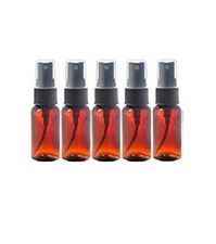 5 Amber 1oz Boston Round Glass Bottle Black Spray Fine Ribbed Mist Sprayer 30ml