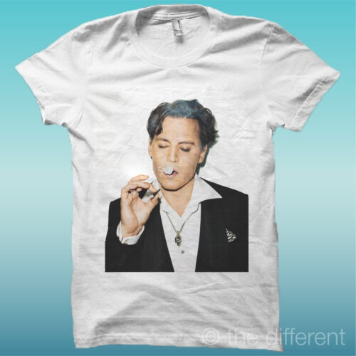 T-SHIRT " JOHNNY DEPP SMOKE " BIANCO THE HAPPINESS IS HAVE MY T-SHIRT NEW - Picture 1 of 1