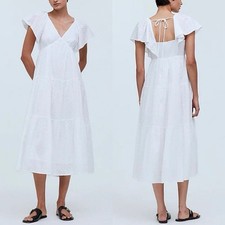 madewell nq594 soft white tie-back flutter-sleeve tiered midi dress women 00