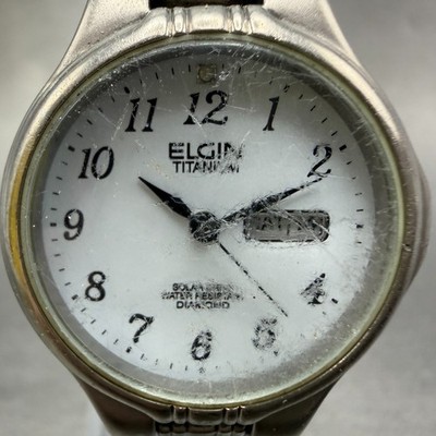Elgin Solar Watch Women 29mm White Dial Titanium Daydate Round FK