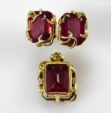 10K Yellow Gold Ruby Red Stone Pendant & Earrings Set Vintage Design Jewelry