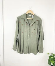 Vtg White Stag Green Embroidered Fall Leaves Long Sleeve Top Women’s XL