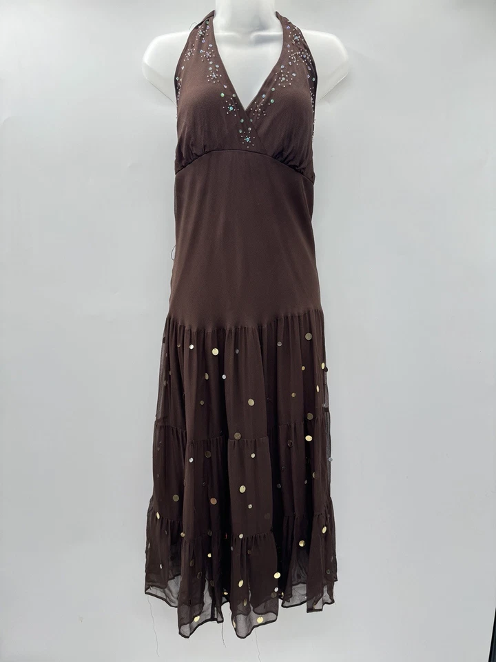 VTG Jonathan Martin Silk & Sequin Chiffon Gown Sz 16 Brown Y2K Fairy Whimsigoth - Image 2 of 4