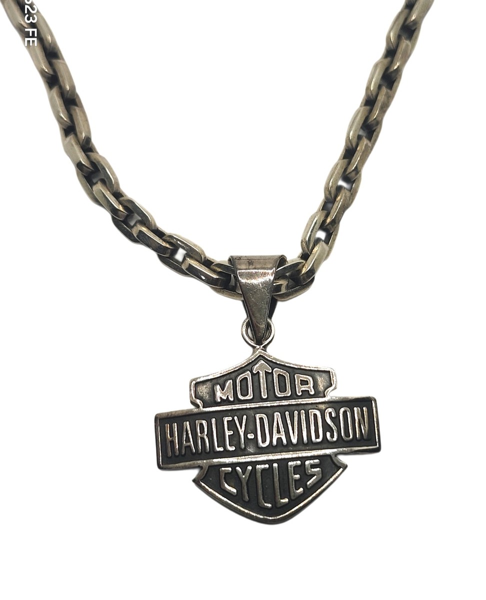 Harley Davidson Sterling Silver Mens Bar & Shield Pendant w/ Rolo
