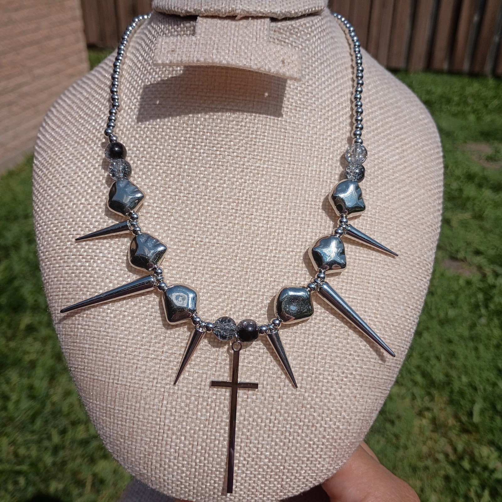 Punk Gothic Beaded Necklace with Spikes & Cross Pendant Silver Tone 16