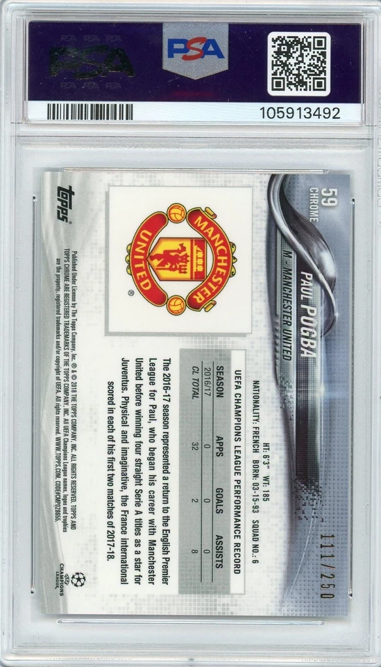 2017 Topps Chrome UCL Paul Pogba Purple /250 PSA 9 #59 Manchester United - Image 2 of 3