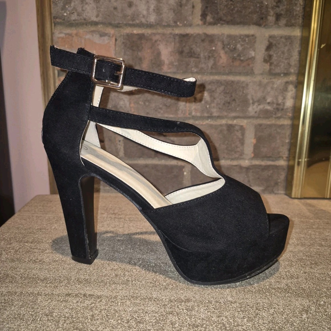 Women's black faux suede platform block heels with ankle strap and peep toe