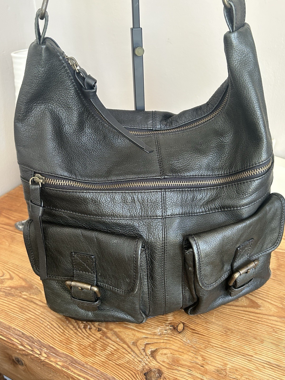FatFace Black Genuine Leather Slouchy Shoulder Bag Hobo Buckle Multi Pocket image 4