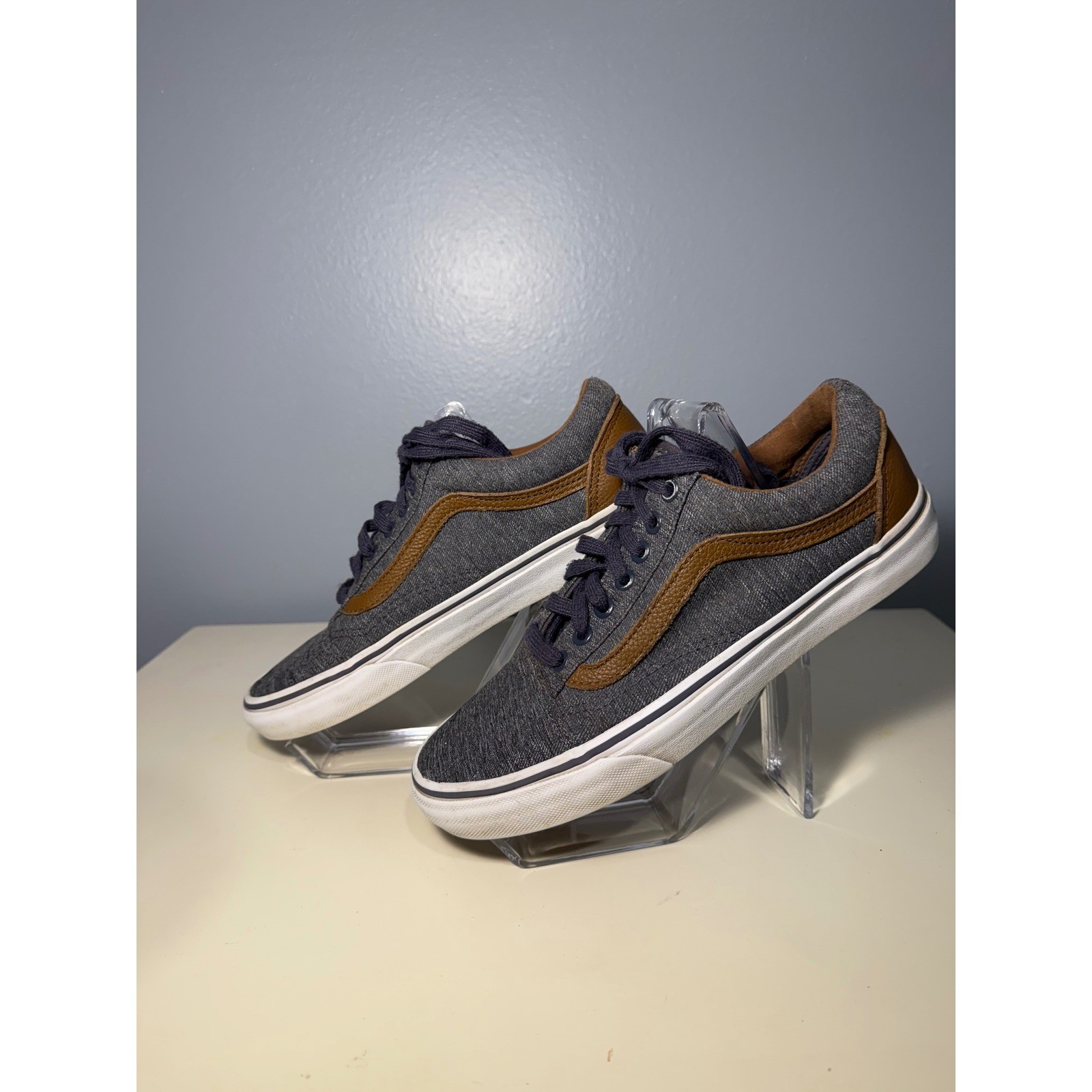 Navy Denim Brown Leather Accents Size 7