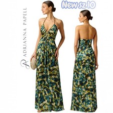 Adrianna Papell Printed Stretch Satin Chain Halter Gown Green Multi Color $299
