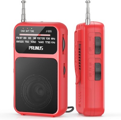 PRUNUS J-555 AM/FM/UKW, Kleines Radio mit Akku, USB-C-Laden, AAA-Batterien (Rot)