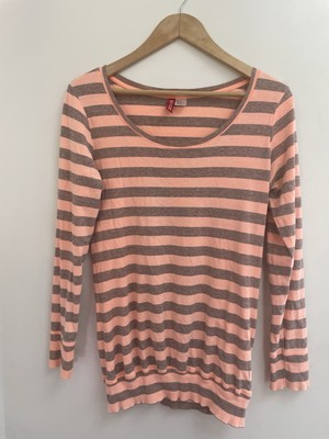 Divided H&M Women's Striped Cotton Rib-Knit Scoop Neck Long Sleeve Shirt Pink 12