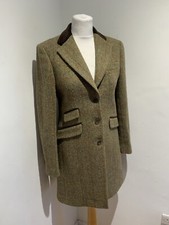 Harris Tweed Overcoat UK 10 VGC herringbone wool fitted green brown smart