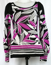 Karen Kane Nylon Bishop Sleeve Black Abstract Leaf Print Shirt M Made in USA