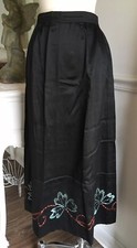Antique BLACK Cotton SILK Skirt EMBROIDERED Floral Hem HAND MADE Edwardian