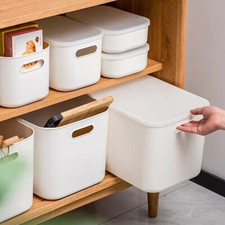 Lidded Storage Basket Home Kitchen Office Shelf Shelve Stackable Container Box