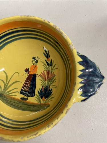Vintage Henriot Quimper Lug Bowl France Breton Man Soliel Yellow Cereal Soup - Picture 3 of 7