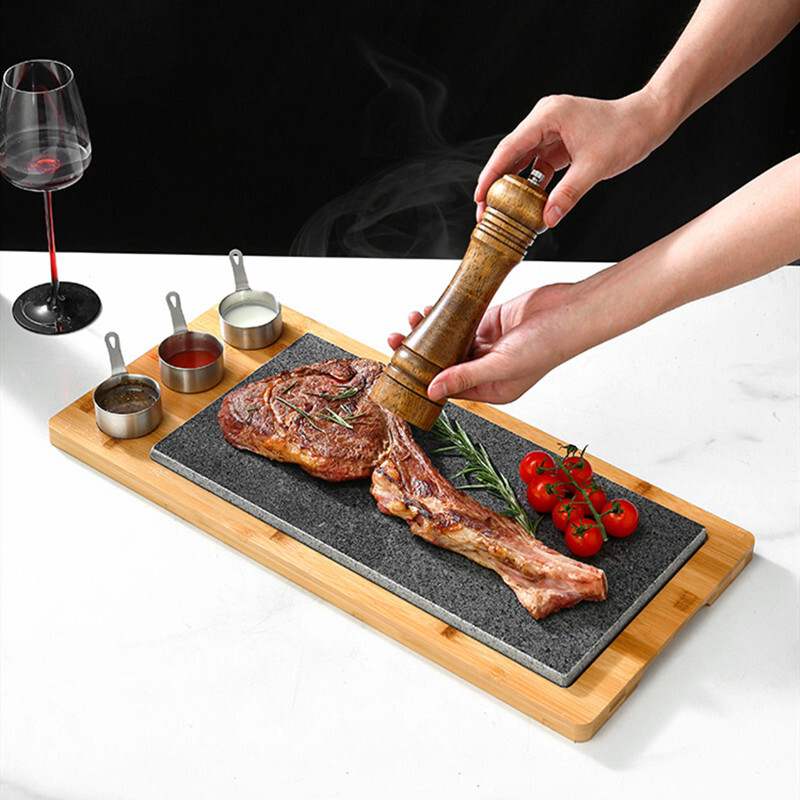 XL Hot Stone Steak Heißer Stein Grill Lavastein Steinplatte Bambus Holzbrett Dip