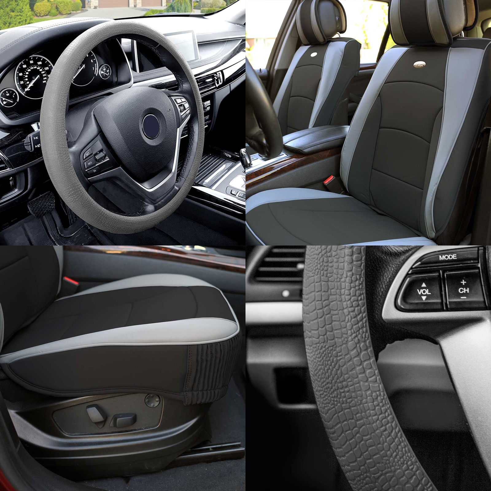 Car Seat Cover Leatherette Buckets Black Gray w/ Gray Steering Cover For SUV-image