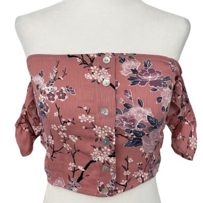 New Molly Green Floral Flutter Sleeve Off The Shoulder Smocked Crop Top Pink S